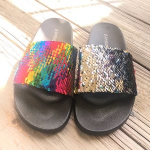 Rainbow sequined slides size 8 NWOT